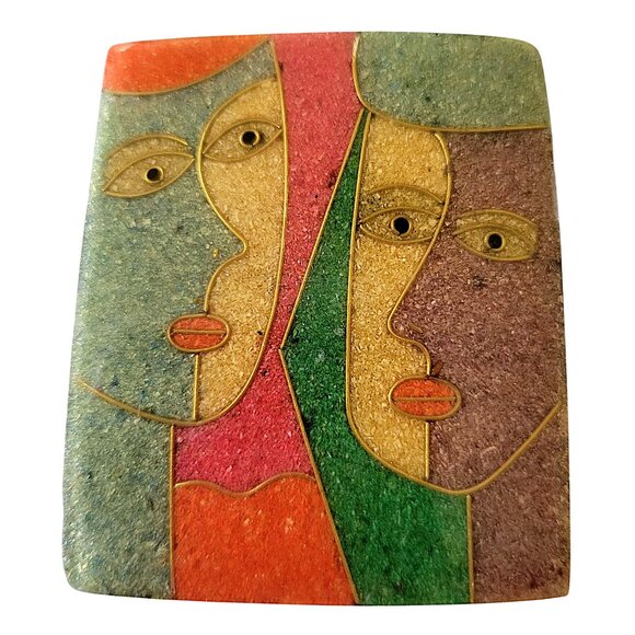 Vintage Abstract Modernist Faces Brooch and Earrings Jewelry Set - Picture 2 of 4